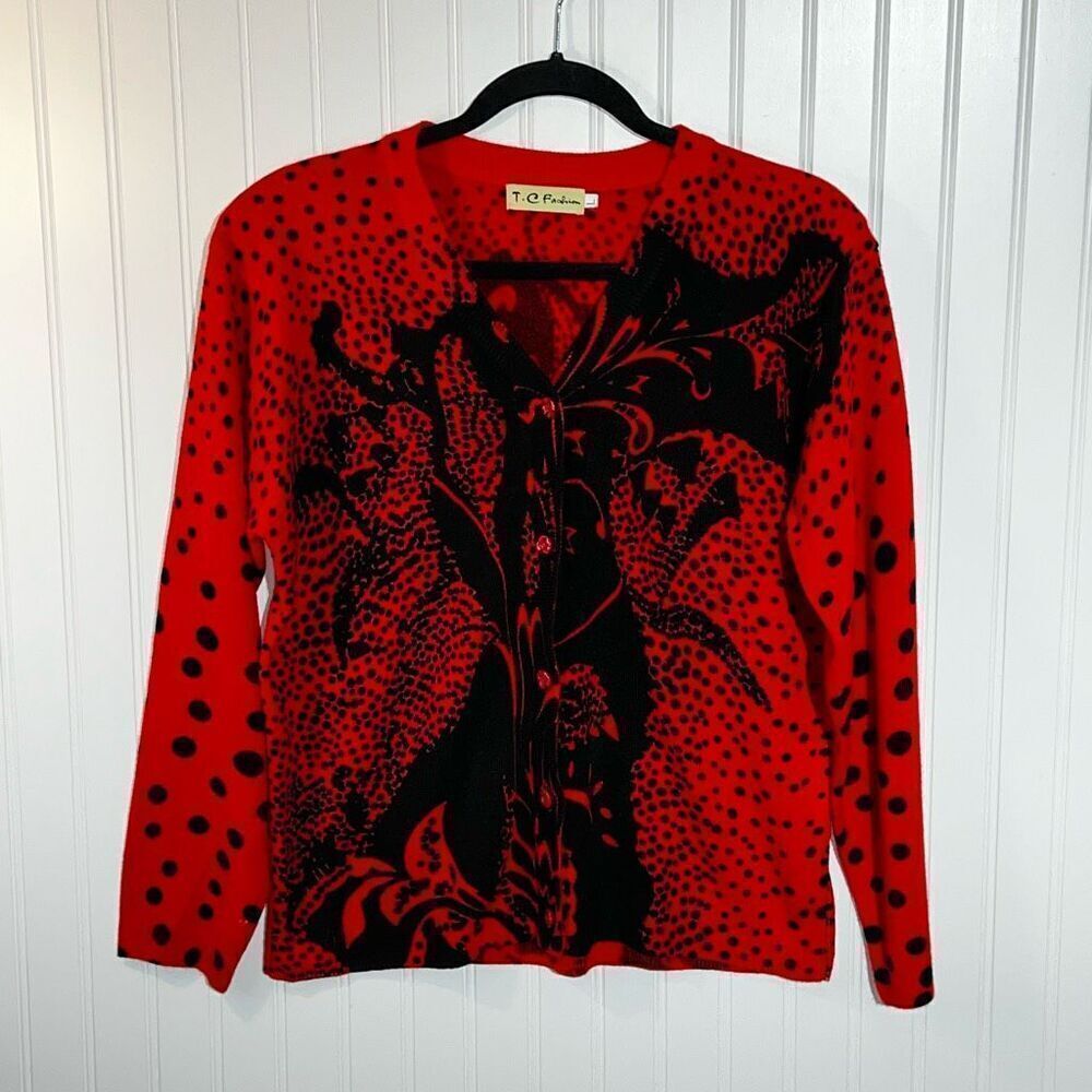 T.C. Fashion Cardigan Sweater Women Large Red/Black Floral Button Front Polkadot
